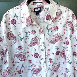 NWOT Lands End No Iron Supima Button Front Shirt Sz 16 Pink & Blue Paisley White